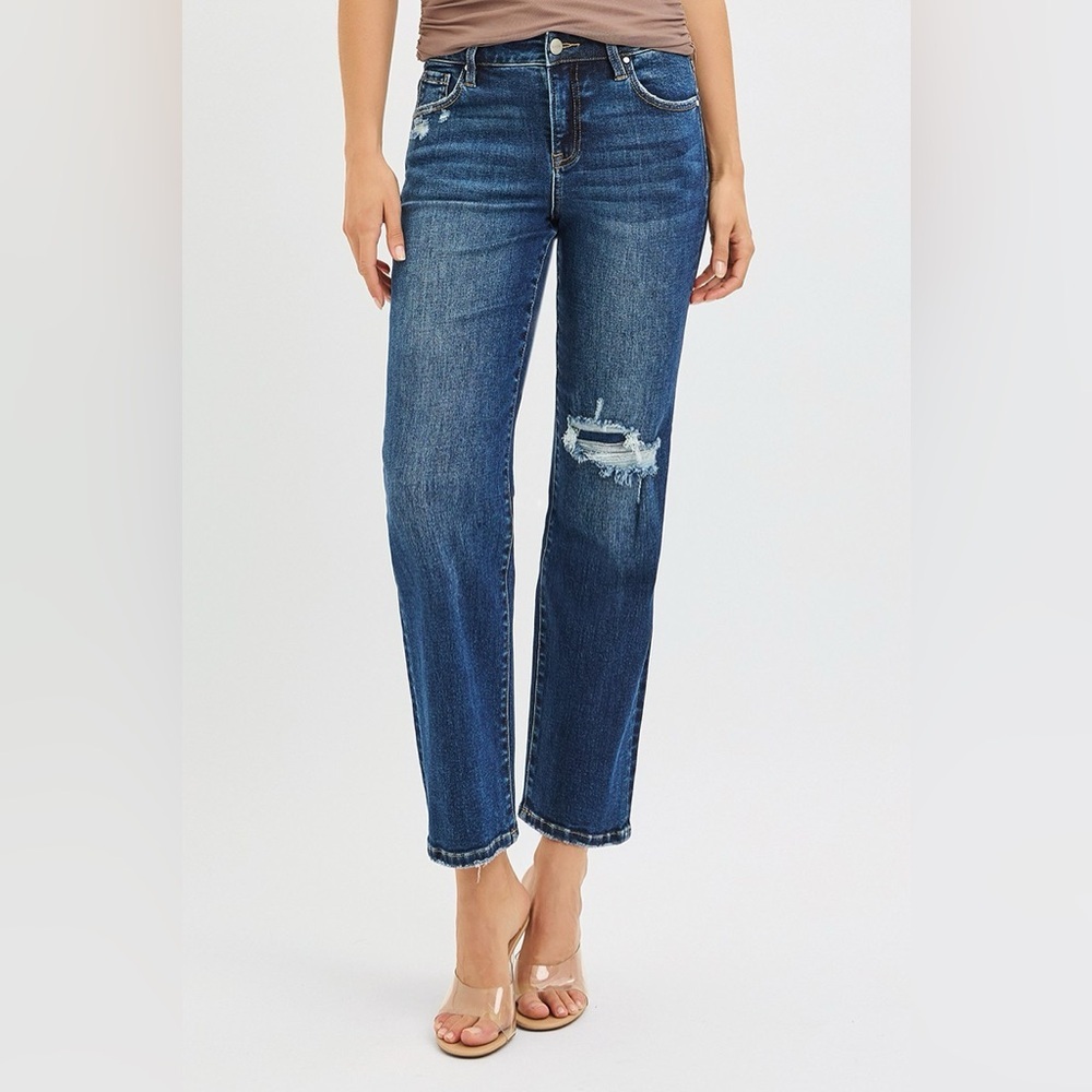 RISEN High Rise Crop Slim Straight Jenas with Hidden Knee Patch​